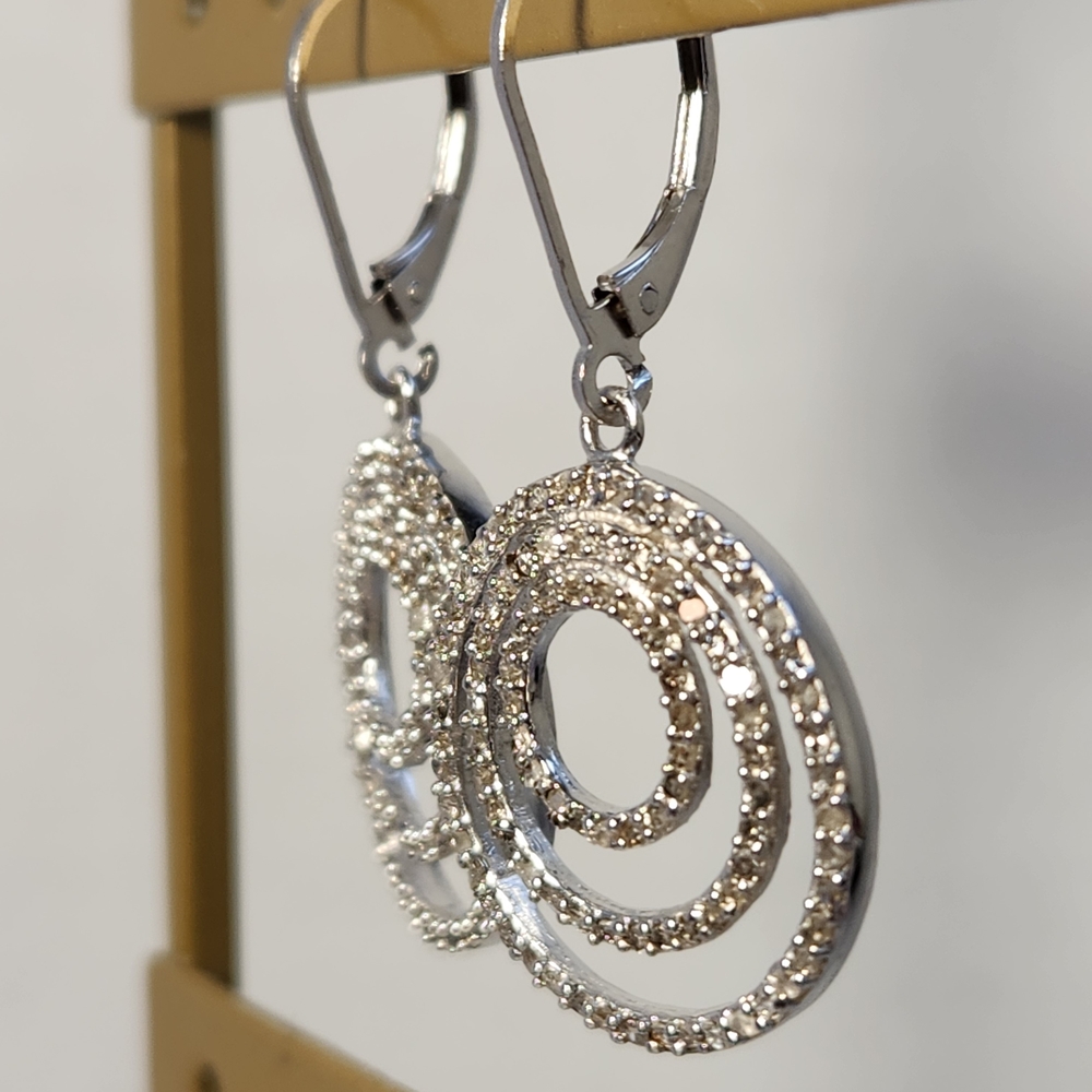UPDATE! VTG 925 Genuine Diamond Chip Concentric Circle Drop Leverback Earrings